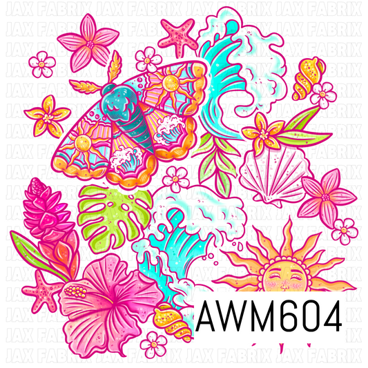 A vibrant tropical moth PNG featuring a colorful moth with sun and wave details, surrounded by turquoise ocean waves, hibiscus flowers, tropical leaves, seashells, starfish and a smiling golden sun.
Perfect for shirts, tumblers, fabric panels, bags, stickers, keychains and bright tropical or summer-themed projects.