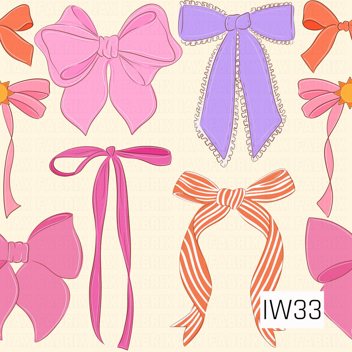 A playful summer bow pattern featuring oversized bows in shades of bubblegum pink, lavender purple, and bright coral orange. Featuring delicate ruffled edges, bold stripes, flowing ribbon tails, and sweet sun accents, all scattered across a soft buttery cream background for a fun, girly summer look.