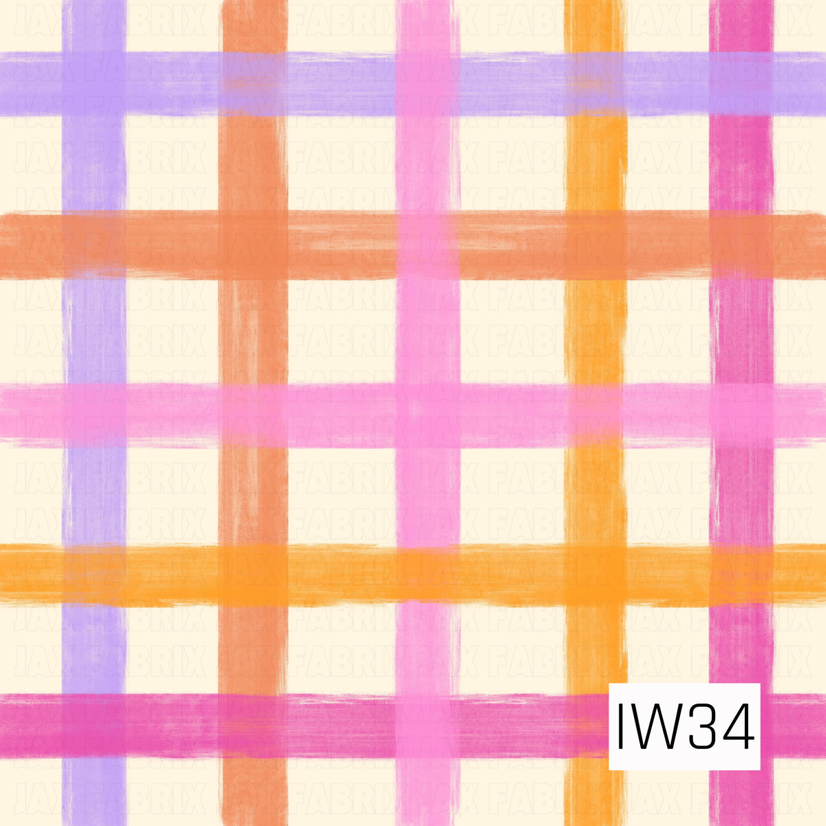 A bright, playful plaid pattern featuring wide, hand-painted brushstroke stripes in lavender purple, coral orange, bubblegum pink, and sunny yellow. The overlapping horizontal and vertical stripes create a colorful, textured plaid design against a soft buttery cream background, perfect for a cheerful summer look.