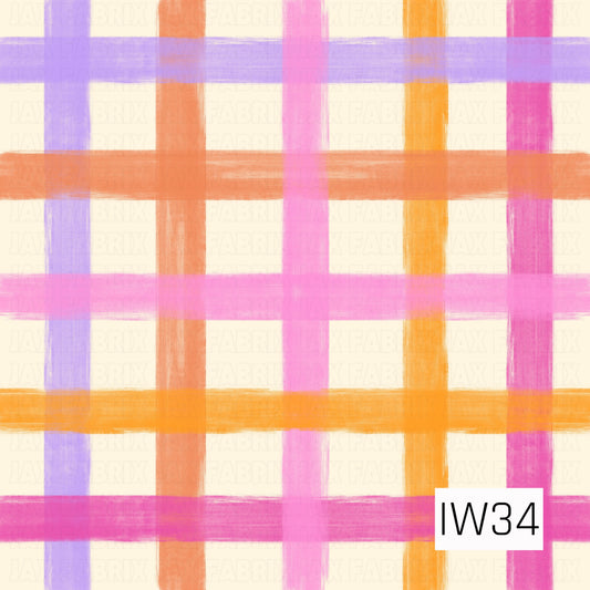 A bright, playful plaid pattern featuring wide, hand-painted brushstroke stripes in lavender purple, coral orange, bubblegum pink, and sunny yellow. The overlapping horizontal and vertical stripes create a colorful, textured plaid design against a soft buttery cream background, perfect for a cheerful summer look.