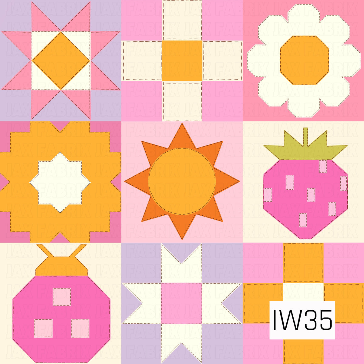 A cheerful patchwork quilt pattern featuring playful geometric blocks, eight-point stars, daisies, sunshine motifs, and sweet strawberries. Shades of bubblegum pink, lavender purple, golden yellow, and warm orange come together with soft cream accents. Delicate dashed stitching outlines each shape, creating a charming, handmade quilt-inspired design with a bright summer feel.