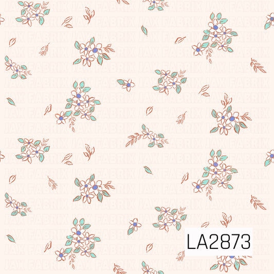 A delicate ditsy floral pattern featuring small white flowers with soft blue centers, accented by mint green leaves and warm terracotta stems. Scattered across a light cream background, the airy color palette creates a sweet, vintage-inspired design that's perfect for coordinating fabrics and bows.
