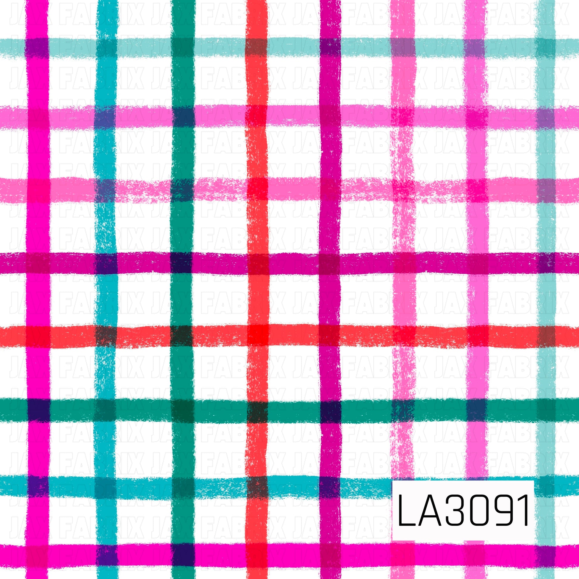 A bright, playful plaid featuring hand-painted stripes in hot pink, coral red, turquoise, teal, magenta, and soft aqua on a crisp white background. The textured brushstroke edges give the classic plaid pattern a fun, artistic feel.
