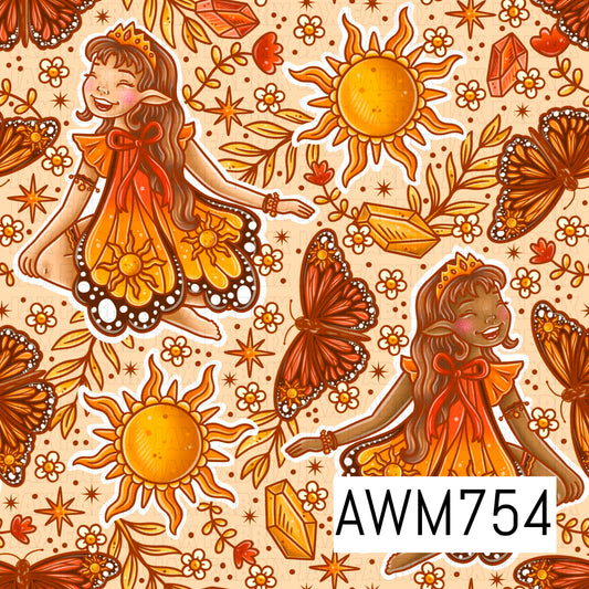 This enchanting seamless pattern features whimsical fairy girls with butterfly-inspired dresses, radiant golden suns, warm orange butterflies, sparkling stars, delicate flowers, crystals, and leafy accents on a soft warm cream background. A rich autumn-inspired palette of golden yellow, burnt orange, cream, and warm brown creates a magical, cozy aesthetic with intricate hand-drawn details.