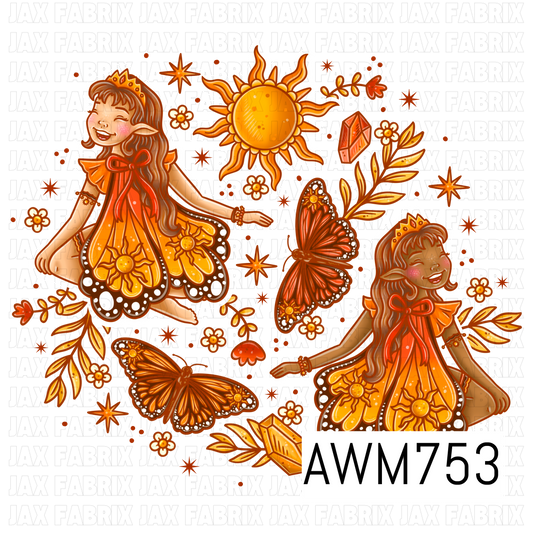 This whimsical PNG features cheerful fairy girls with butterfly-inspired dresses, glowing golden suns, warm orange butterflies, sparkling stars, delicate flowers, crystals, and leafy accents in a cozy autumn color palette of golden yellow, burnt orange, and warm brown. Perfect for creating stickers, sublimation designs, apparel, tumblers, planners, stationery, and other magical fall-inspired crafts.
