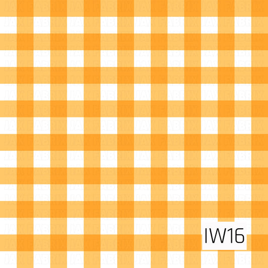 A cheerful gingham pattern featuring sunny golden yellow and warm orange plaid stripes layered over a crisp white background. The overlapping stripes create a classic checkered design with a bright, playful farmhouse-inspired feel.