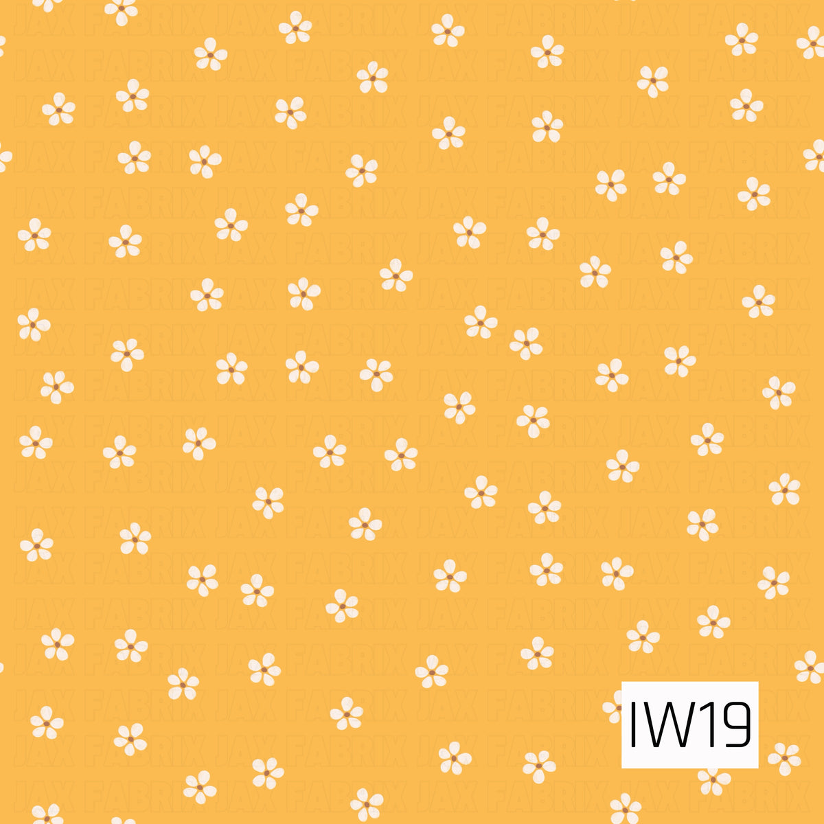 A cheerful floral pattern featuring tiny white five-petal daisies with warm golden centers scattered across a sunny golden yellow background. The evenly spaced flowers create a sweet, playful design with a charming vintage-inspired feel, perfect for spring and summer.