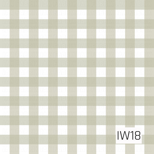 A classic gingham pattern featuring soft, muted sage green and crisp white checks. Overlapping horizontal and vertical stripes create a timeless plaid design with a subtle, earthy color palette and a cozy farmhouse-inspired feel.