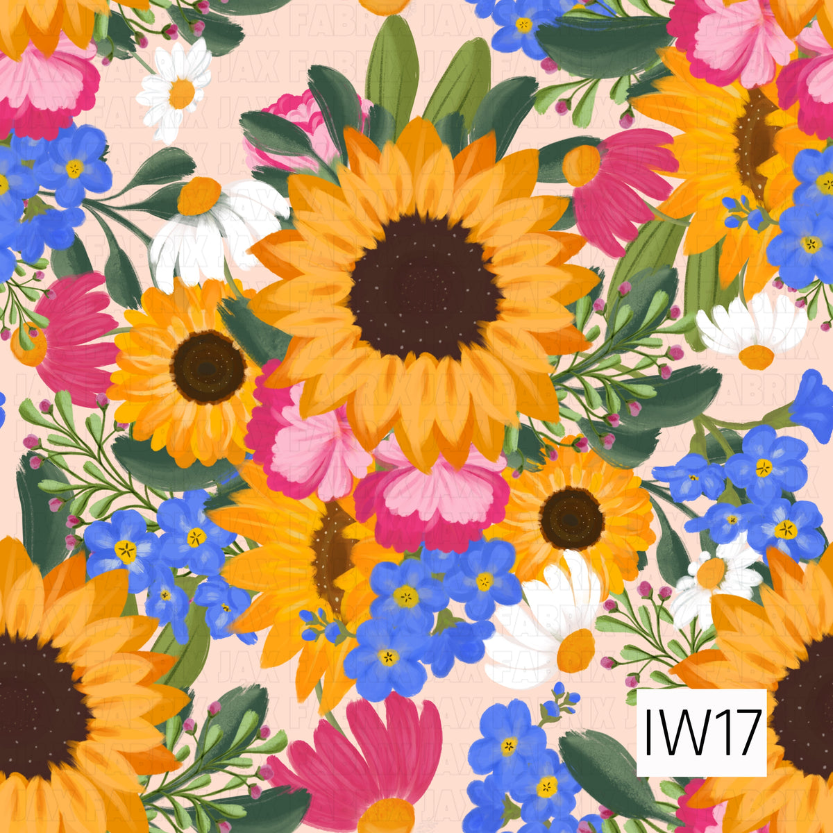 A vibrant floral pattern featuring large golden yellow sunflowers with rich brown centers, surrounded by bright pink blossoms, delicate blue flowers, and white daisies with sunny yellow centers. Lush greenery, leafy stems, and tiny pink buds fill the spaces against a soft blush pink background, creating a cheerful, colorful garden-inspired design.