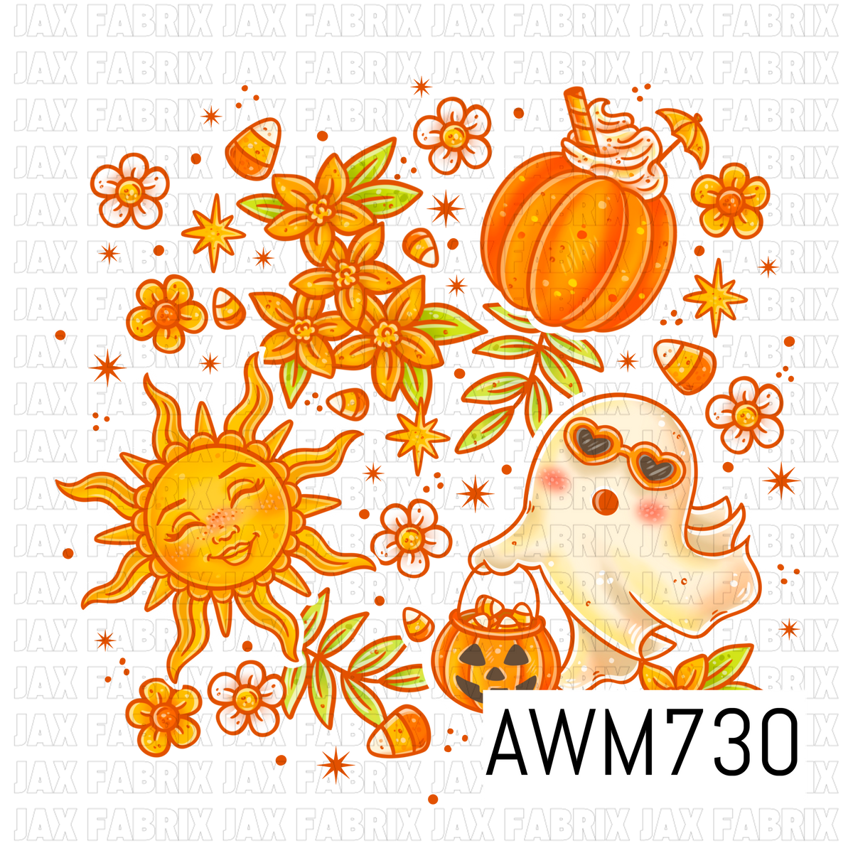 Spooky Cute Autumn PNG featuring an adorable ghost in heart-shaped sunglasses, a smiling vintage sun, a pumpkin spice drink, pumpkin candy bucket, fall florals, autumn leaves, candy corn, and twinkling stars. These vibrant, high-quality PNG elements are perfect for sublimation, stickers, shirts, tumblers, seasonal décor, and Halloween craft projects.