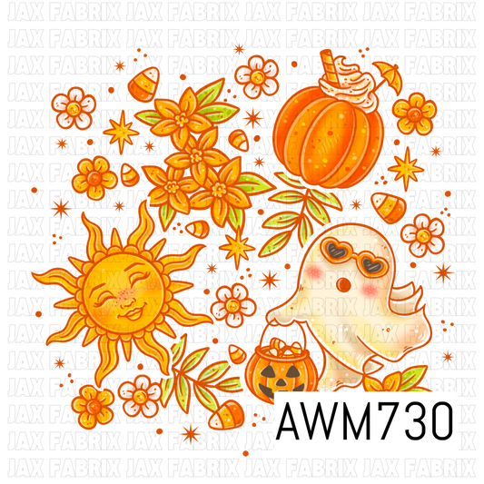 Spooky Cute Autumn PNG featuring an adorable ghost in heart-shaped sunglasses, a smiling vintage sun, a pumpkin spice drink, pumpkin candy bucket, fall florals, autumn leaves, candy corn, and twinkling stars. These vibrant, high-quality PNG elements are perfect for sublimation, stickers, shirts, tumblers, seasonal décor, and Halloween craft projects.