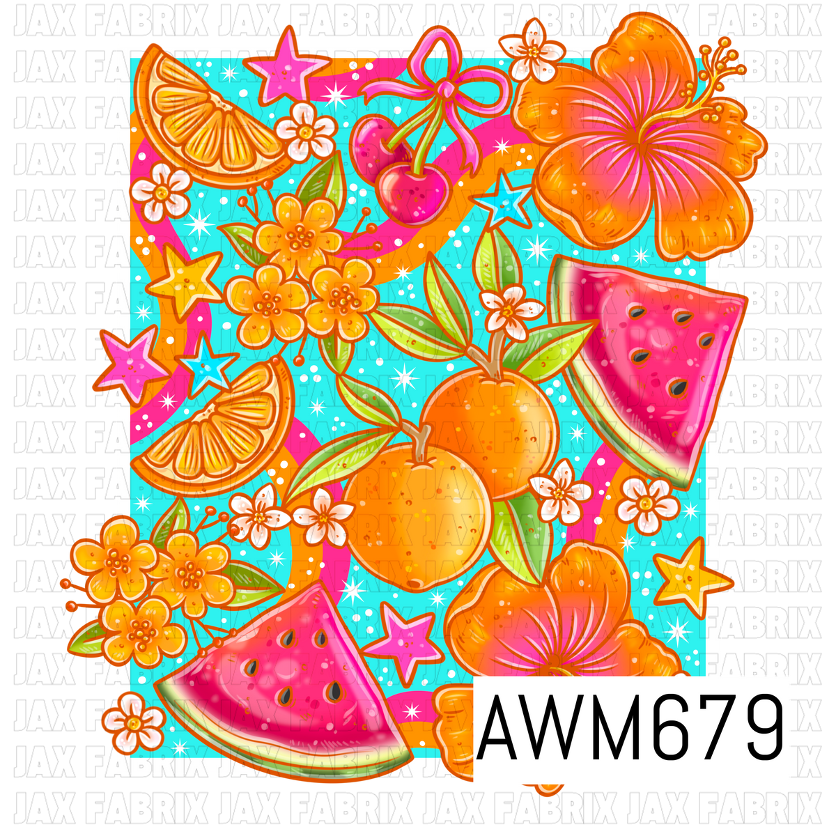 A bright tropical PNG featuring oversized hibiscus flowers, juicy watermelon slices, oranges, cherries with a bow, citrus wedges, leafy branches, tiny blossoms, and scattered stars. Vibrant orange, hot pink, yellow, and green tones pop against a bright turquoise background with colorful rainbow accents.