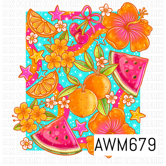 A bright tropical PNG featuring oversized hibiscus flowers, juicy watermelon slices, oranges, cherries with a bow, citrus wedges, leafy branches, tiny blossoms, and scattered stars. Vibrant orange, hot pink, yellow, and green tones pop against a bright turquoise background with colorful rainbow accents.