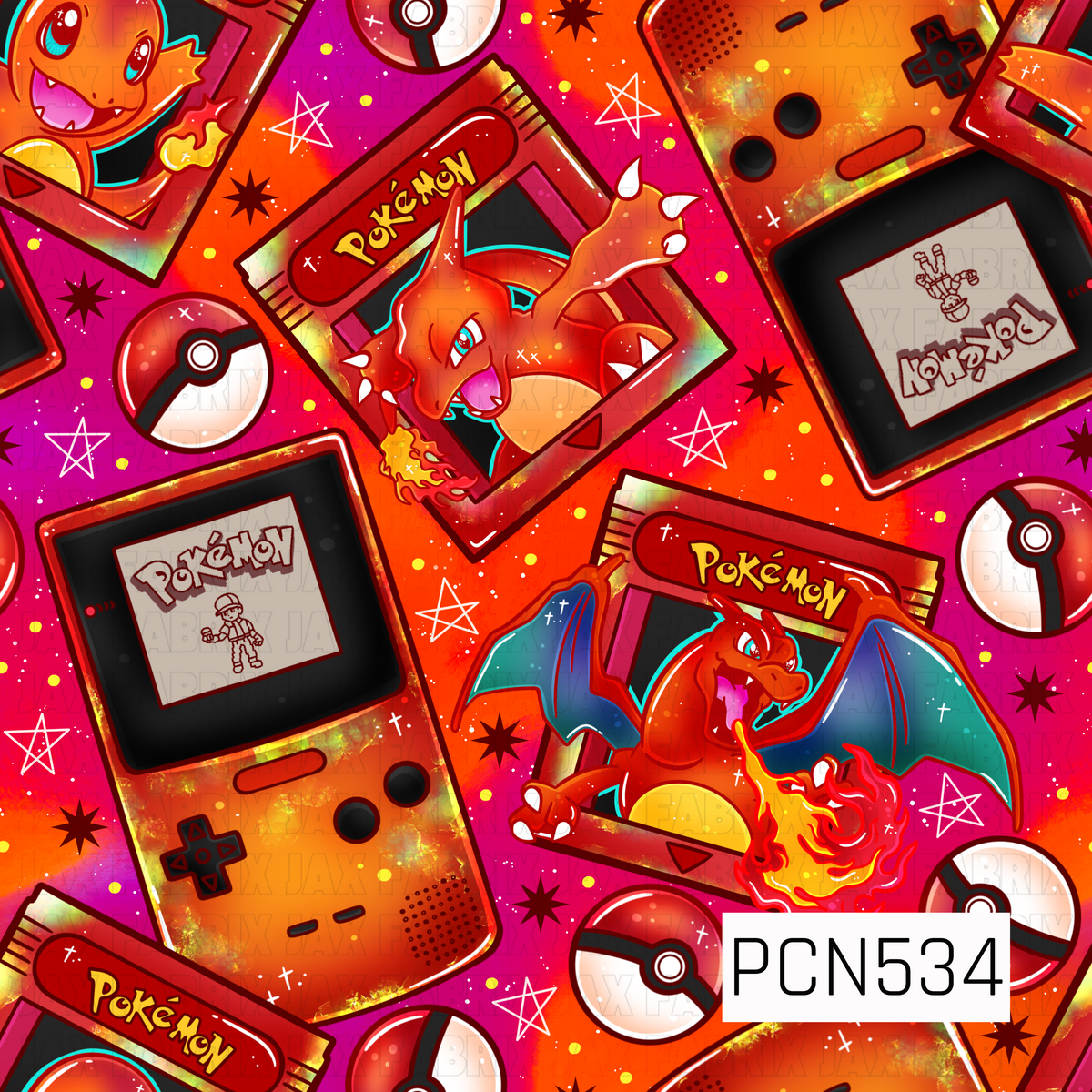A vibrant retro gaming-inspired pattern featuring fiery orange dragon characters showcased inside collectible card-style frames. The design is mixed with nostalgic handheld game consoles, red and white capture balls, and scattered gaming-inspired details. A bold hot pink and fiery orange background is layered with starbursts, outlined stars, colorful dots, paint splatters, and distressed textures for a fun vintage arcade look. Bright flames, dramatic poses, and pops of teal and blue throughout the dragon wi