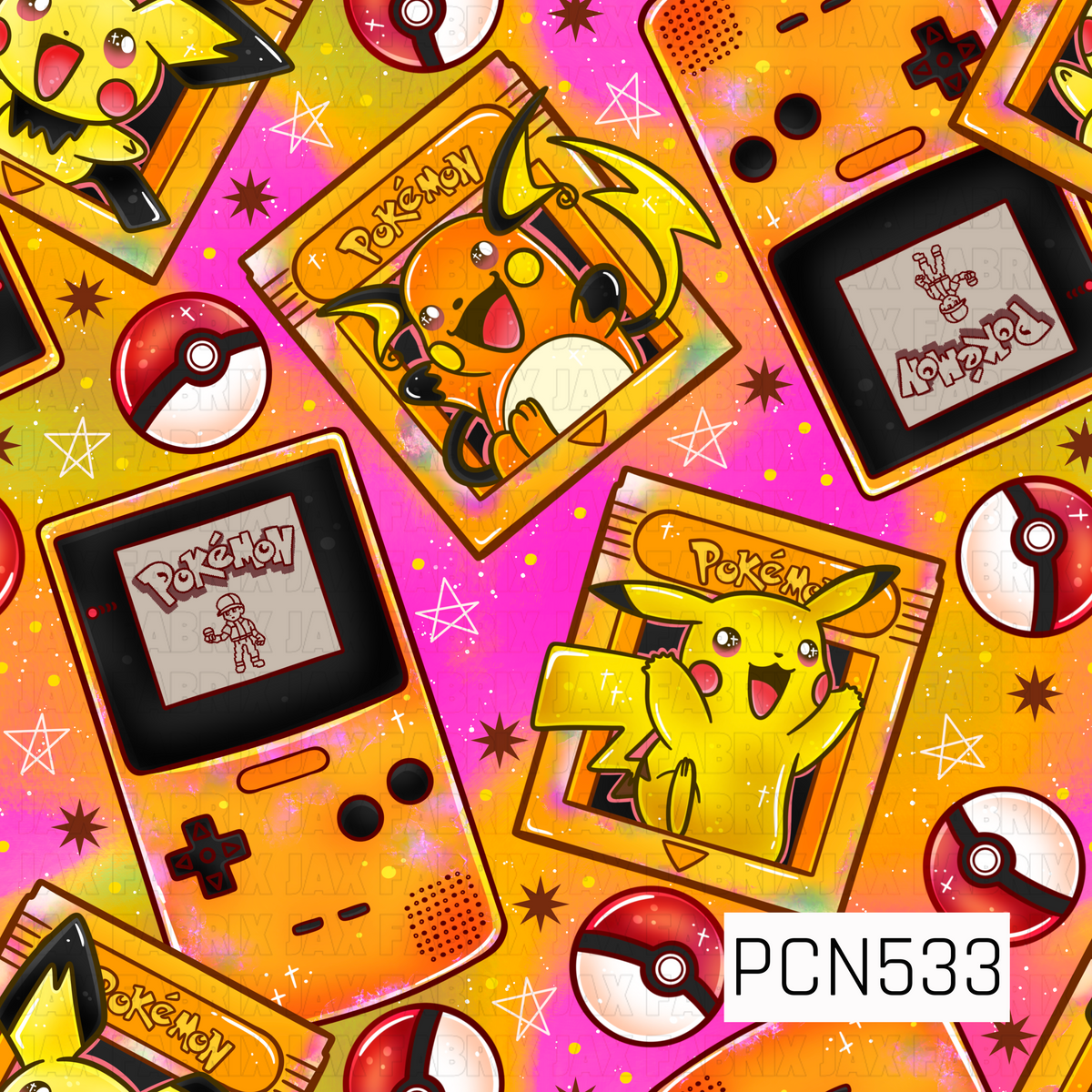 A vibrant retro gamer-inspired pattern featuring cheerful electric and fire creatures, collectible card-style graphics, classic handheld gaming devices, and red and white capture balls. The design is layered over a bold sunset-inspired background blending hot pink, golden yellow, and bright orange with distressed, grungy textures. Hand-drawn stars, bursts, colorful dots, splatters, and tiny sparkles are scattered throughout, giving the print a playful, energetic throwback feel.