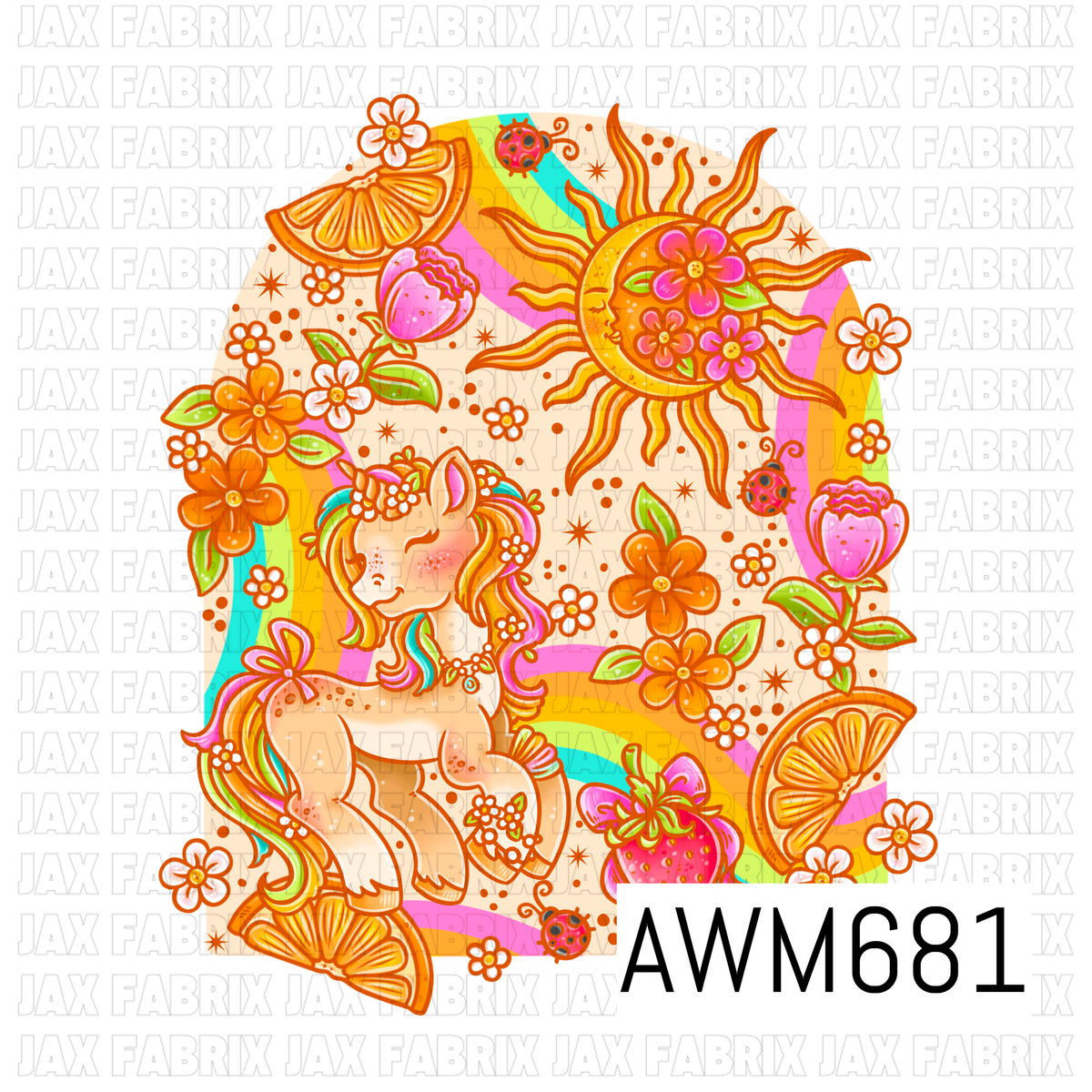 A whimsical retro PNG featuring a floral horse surrounded by a smiling sun, colorful rainbows, strawberries, orange slices, ladybugs, and scattered flowers. Warm orange, pink, yellow, turquoise, lime green, and cream tones create a bright, playful boho-inspired look.