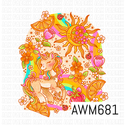 A whimsical retro PNG featuring a floral horse surrounded by a smiling sun, colorful rainbows, strawberries, orange slices, ladybugs, and scattered flowers. Warm orange, pink, yellow, turquoise, lime green, and cream tones create a bright, playful boho-inspired look.