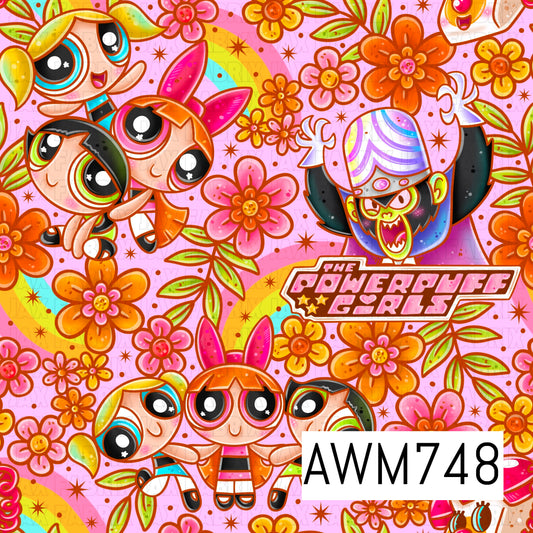 This vibrant seamless pattern features colorful cartoon superhero girls, a mischievous villain, rainbows, retro flowers, leafy accents, and scattered stars on a soft lavender background. Bold shades of pink, orange, yellow, teal, green, and purple create a fun, nostalgic aesthetic with playful, energetic details.