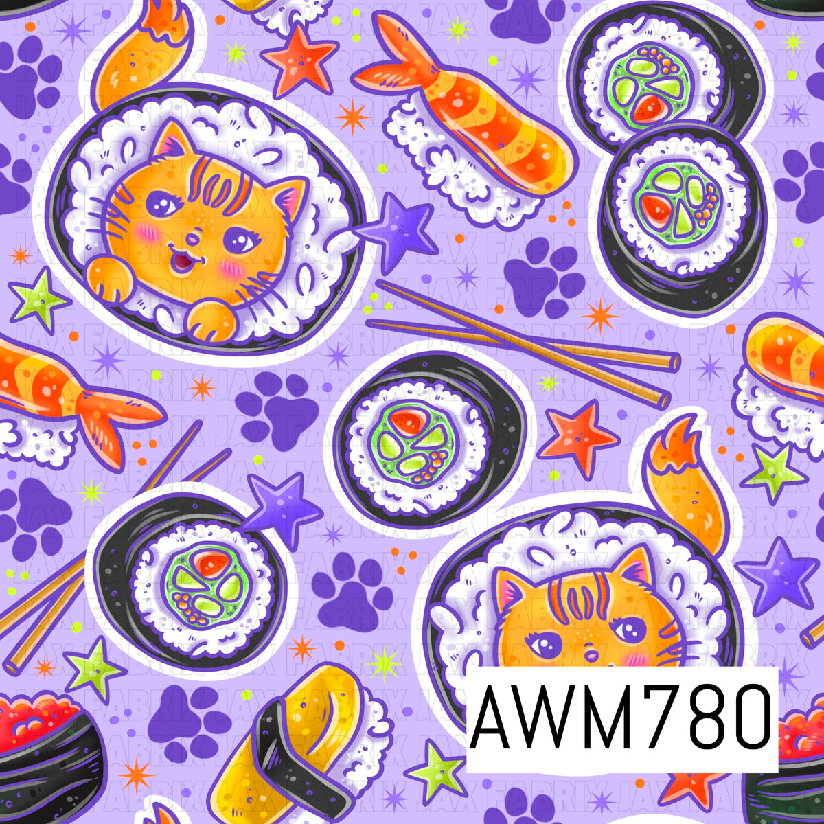 A playful seamless pattern featuring adorable sushi cats, sushi rolls, shrimp nigiri, chopsticks, colorful stars, and tiny paw prints on a soft lavender background. This fun food-themed design is perfect for children’s apparel, quilts, blankets, bags, bows, kitchen accessories, and other whimsical sewing and crafting projects.