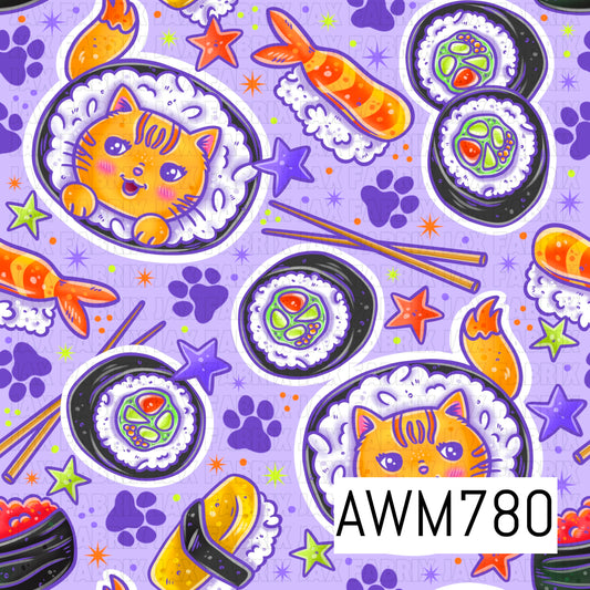A playful seamless pattern featuring adorable sushi cats, sushi rolls, shrimp nigiri, chopsticks, colorful stars, and tiny paw prints on a soft lavender background. This fun food-themed design is perfect for children’s apparel, quilts, blankets, bags, bows, kitchen accessories, and other whimsical sewing and crafting projects.