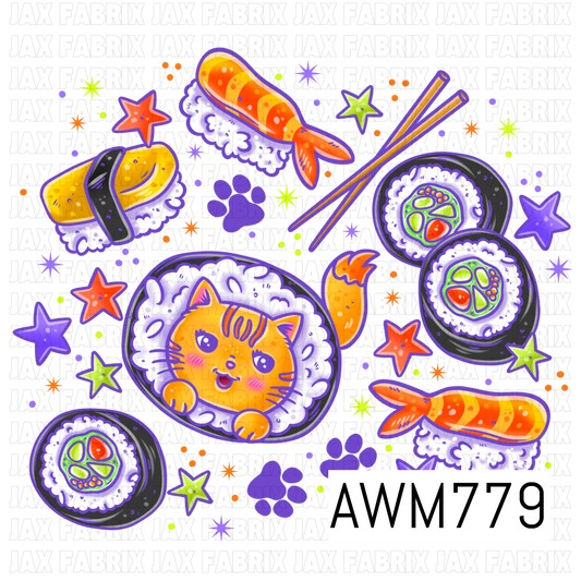 A playful PNG featuring an adorable sushi cat, sushi rolls, shrimp nigiri, tamago nigiri, chopsticks, colorful stars, and tiny paw prints in vibrant purple, orange, and lime green tones. This whimsical food-themed artwork is perfect for apparel, bows, bags, stickers, tumblers, kitchen accessories, and other fun sewing and crafting projects.