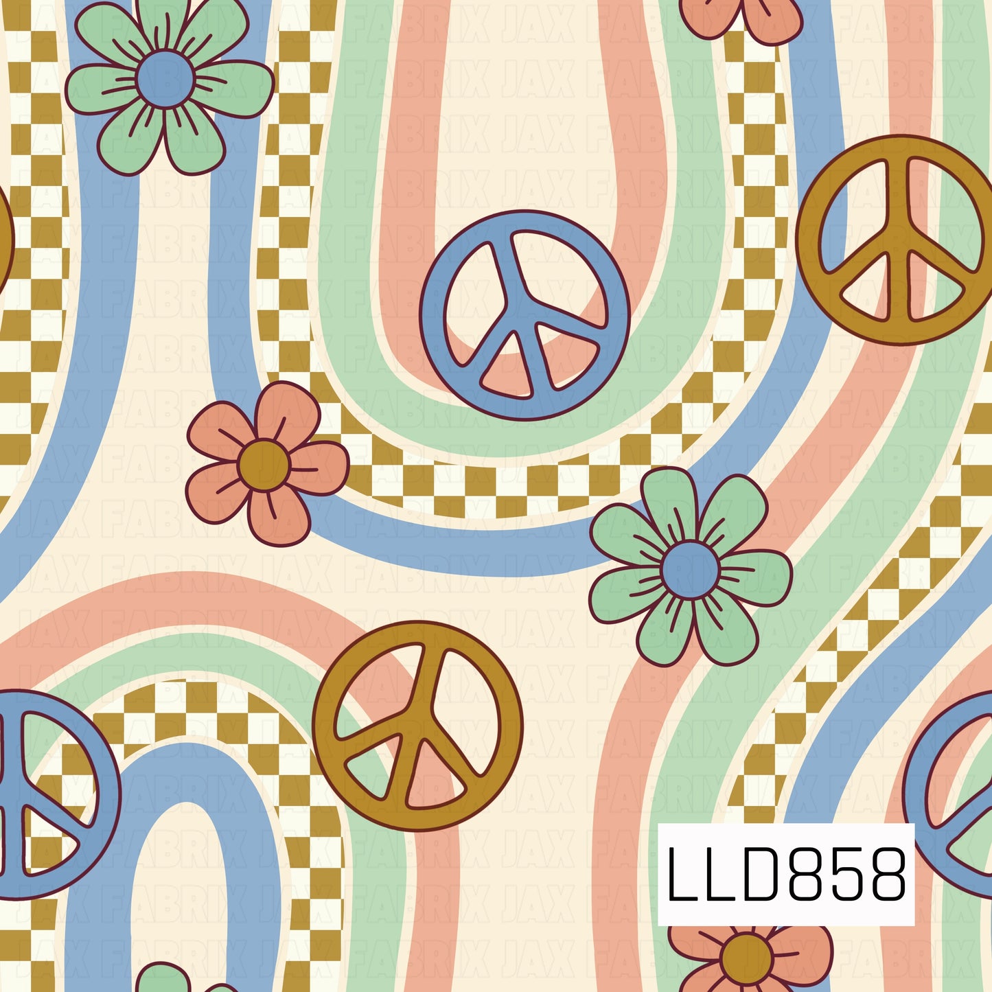 A playful retro design featuring flowing rainbow-style arches in soft blue, mint green, peach, and cream, accented with mustard checkerboard stripes. Groovy peace signs and oversized flowers are scattered throughout in coordinating vintage-inspired colors.

