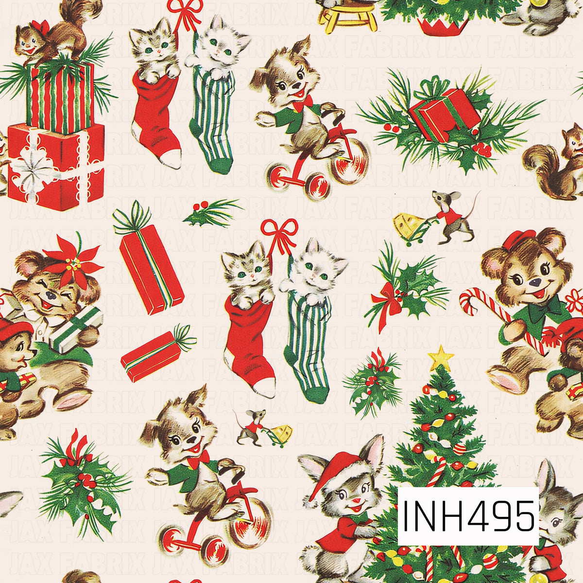 A charming vintage Christmas pattern filled with nostalgic woodland animals and classic holiday details. Playful kittens, bunnies, squirrels, and tiny mice are shown tucked inside stockings, riding tricycles, decorating the Christmas tree, and carrying gifts. Wrapped presents, candy canes, holly, pine branches, poinsettias, bows, and festive greenery are scattered throughout. A traditional red, evergreen, cream, and warm brown palette gives the design a sweet retro storybook feel.