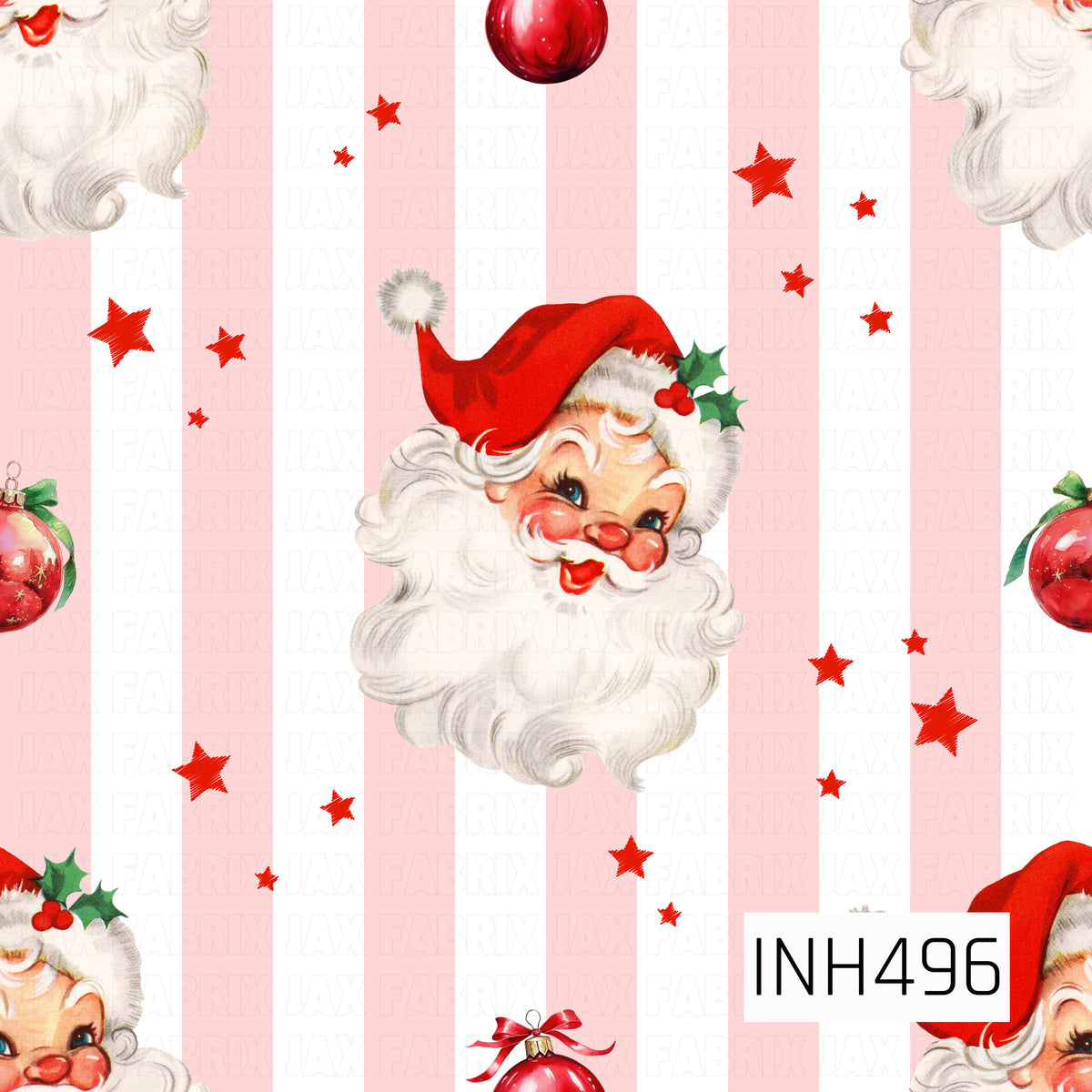 A sweet vintage Christmas pattern featuring cheerful retro Santa faces in classic red hats accented with holly and berries. Soft blush pink and white vertical stripes create the background, while scattered red stars and glossy red ornaments add festive detail throughout. The watercolor-style artwork and rosy color palette give this design a nostalgic, whimsical holiday feel.