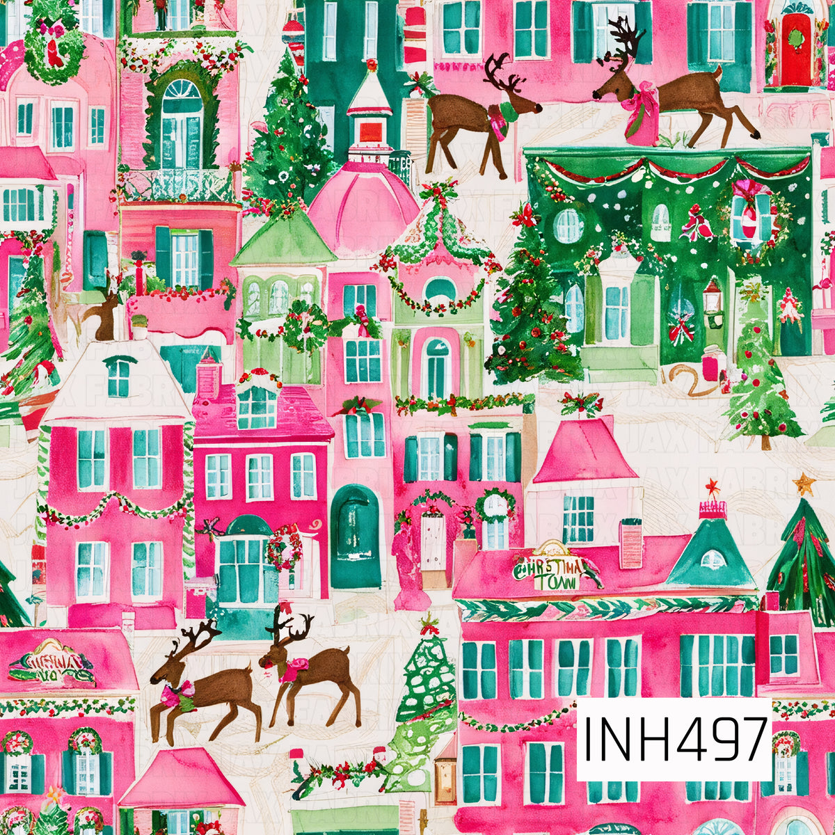 A whimsical watercolor Christmas village pattern featuring charming pink, green, and teal homes decorated for the holidays. Festive wreaths, garlands, bows, Christmas trees, and colorful lights cover the cozy neighborhood, while playful reindeer wander between the houses and across rooftops. The bright pink and evergreen palette gives this classic Christmas town a fun, preppy holiday feel.