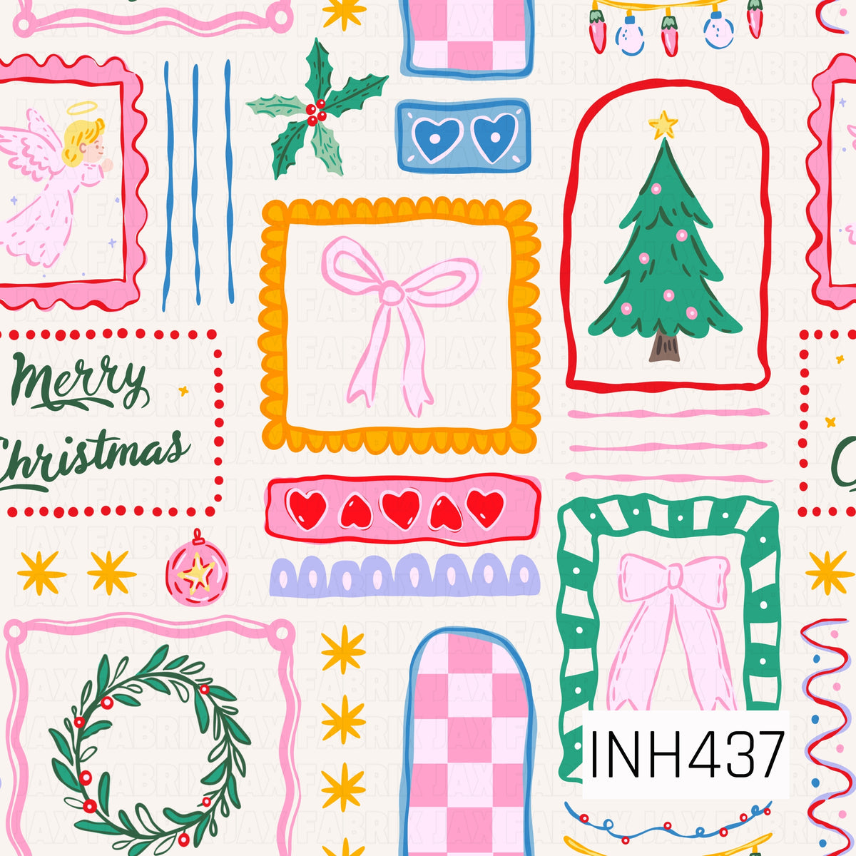 A playful Christmas collage featuring decorated trees, bows, holly, wreaths, ornaments, twinkle lights, and festive framed accents. Bright pink, red, green, blue, and golden yellow give the design a cheerful, colorful holiday feel with a whimsical hand-drawn style.
