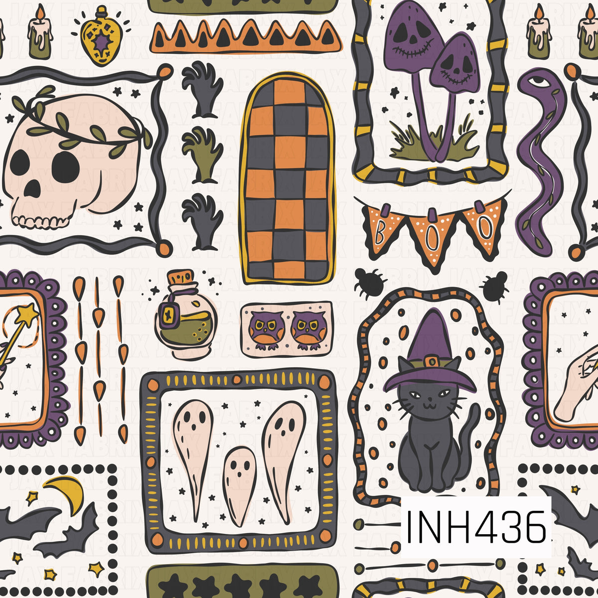A whimsical Halloween collage featuring spooky skulls, ghosts, a black cat in a witch hat, eerie purple mushrooms, bats, candles, potion bottles, creepy hands, and a slithering snake. Framed illustrations and playful accents in orange, purple, olive green, black, and cream give the design a fun vintage Halloween feel.
