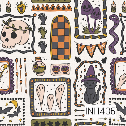A whimsical Halloween collage featuring spooky skulls, ghosts, a black cat in a witch hat, eerie purple mushrooms, bats, candles, potion bottles, creepy hands, and a slithering snake. Framed illustrations and playful accents in orange, purple, olive green, black, and cream give the design a fun vintage Halloween feel.
