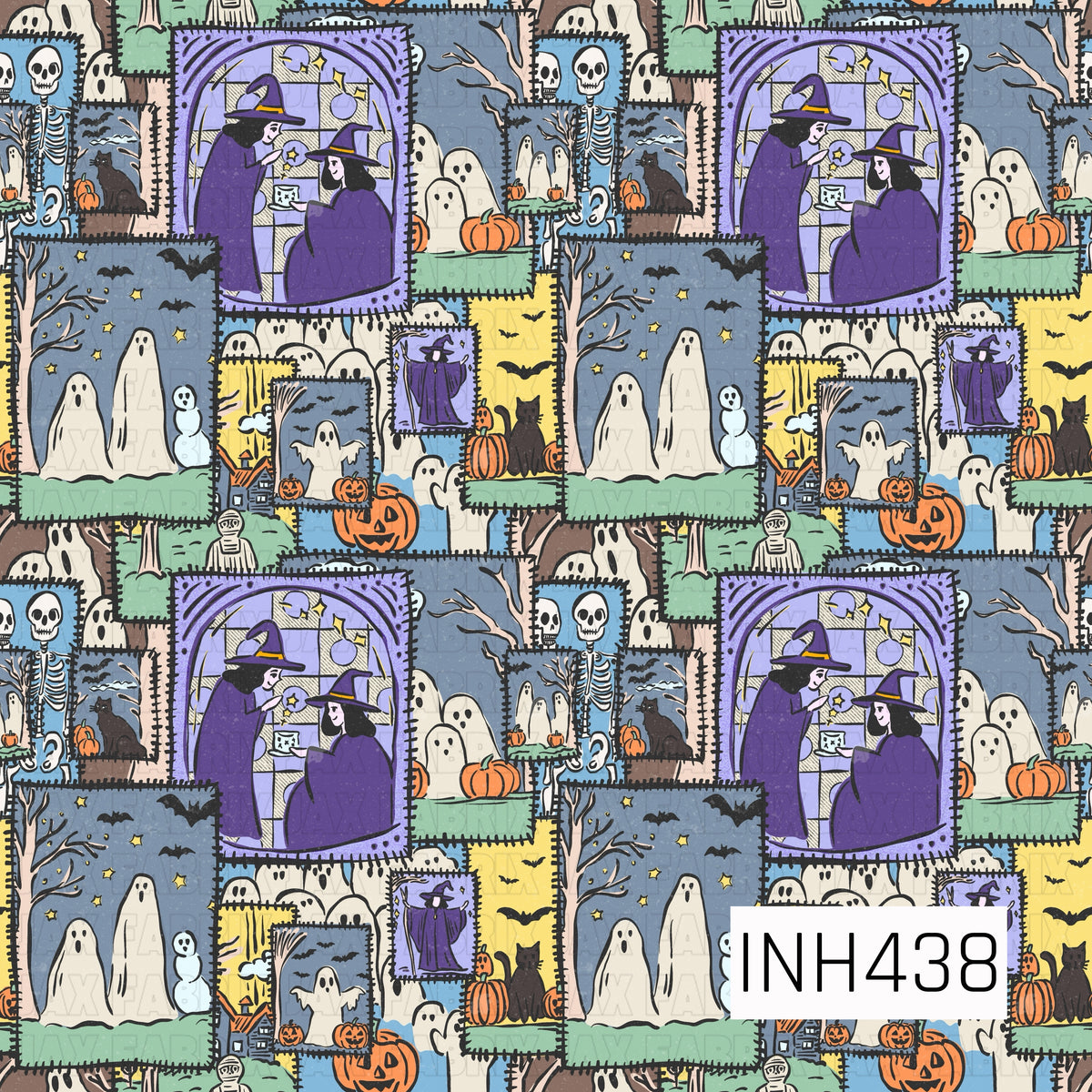 A vintage-inspired Halloween patchwork design filled with framed spooky scenes of ghosts, witches, skeletons, black cats, pumpkins, bats, and bare trees. Shades of purple, dusty blue, mint green, orange, yellow, and cream give it a playful retro feel, while the stitched-style borders create a cozy quilted look.
