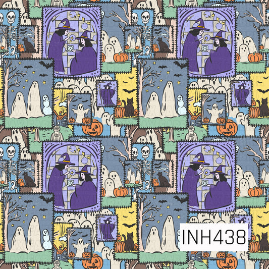 A vintage-inspired Halloween patchwork design filled with framed spooky scenes of ghosts, witches, skeletons, black cats, pumpkins, bats, and bare trees. Shades of purple, dusty blue, mint green, orange, yellow, and cream give it a playful retro feel, while the stitched-style borders create a cozy quilted look.
