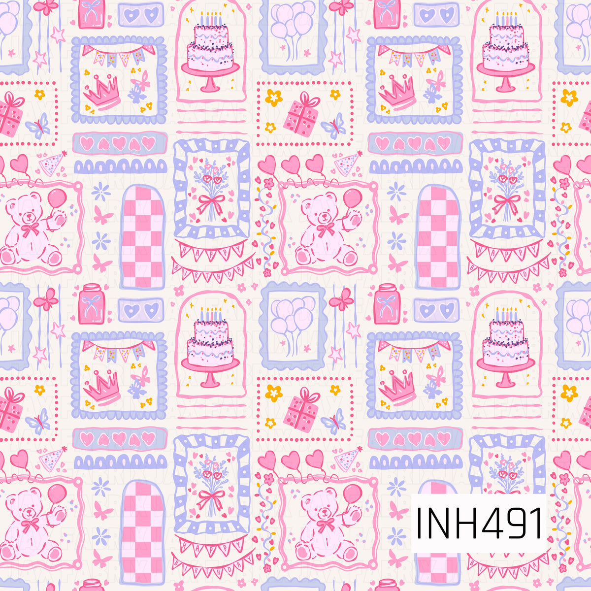 A whimsical birthday celebration pattern filled with hand-drawn party details in soft pink, lavender, blue, and pops of golden yellow. Framed illustrations feature birthday cakes, teddy bears with balloons, presents, crowns, balloon bouquets, florals, bows, butterflies, hearts, and “Happy Birthday” bunting. Gingham accents, scalloped frames, confetti, and playful borders give the design a sweet, vintage-inspired party feel.