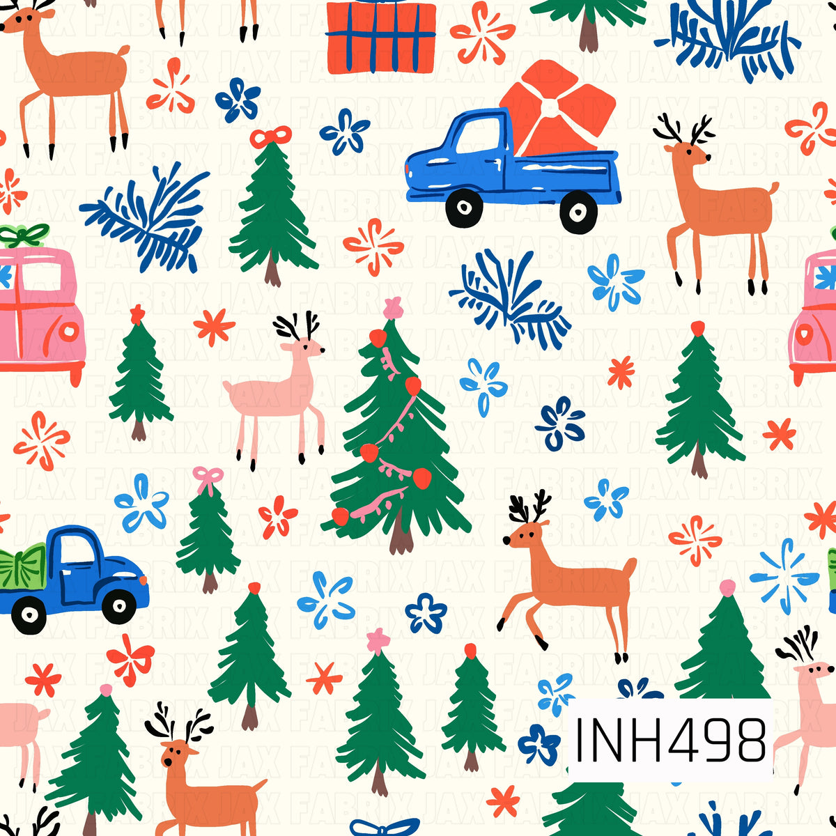A playful Christmas pattern featuring colorful reindeer, evergreen trees, decorated Christmas trees, and vintage-style pickup trucks carrying oversized presents. Bold blue pine sprigs and whimsical floral accents are scattered throughout the creamy background. Bright pops of blue, green, coral, pink, and red give the design a fun, modern twist on a classic holiday theme.