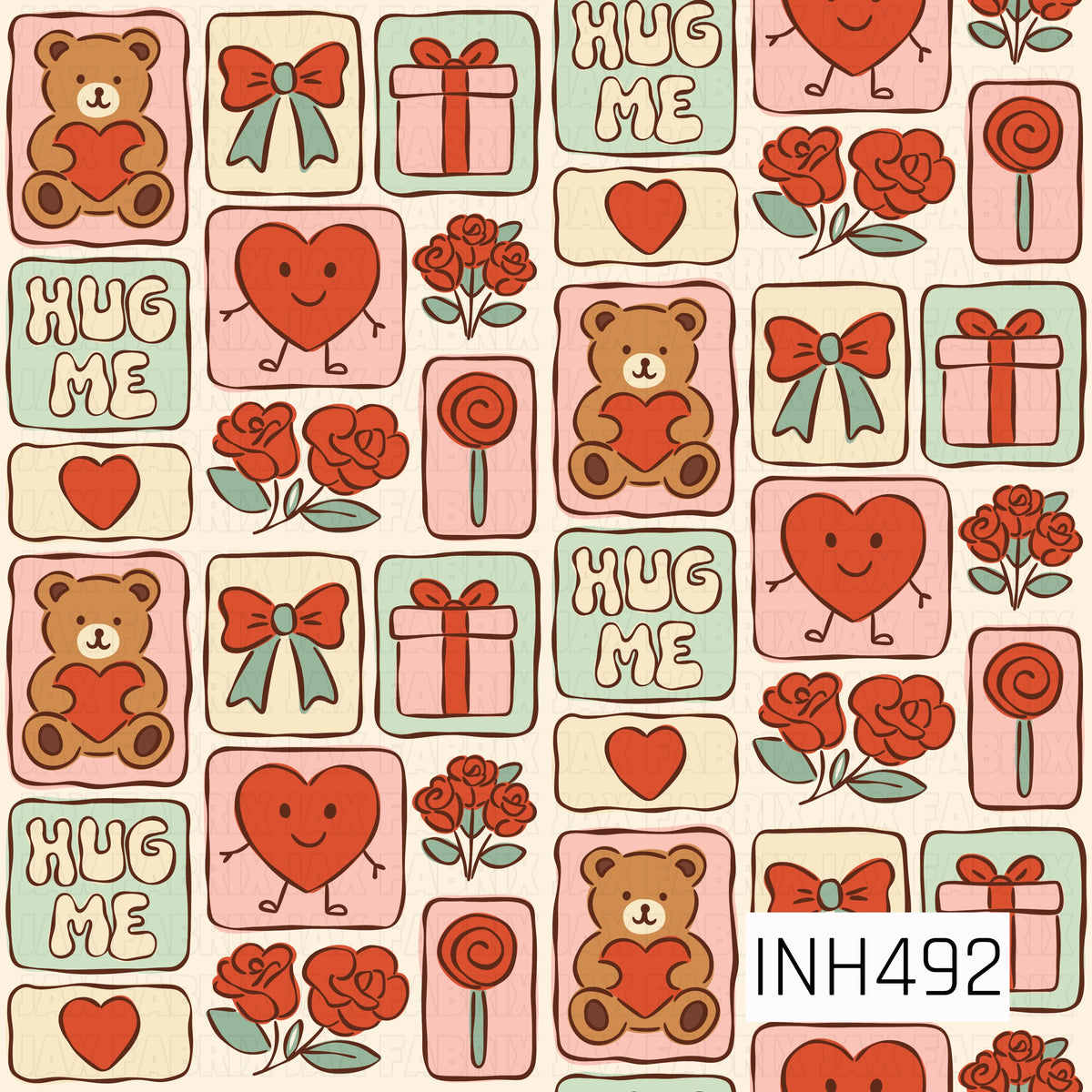 A playful Valentine’s Day pattern featuring teddy bears holding hearts, smiling heart characters, bouquets of red roses, wrapped gifts, bows, lollipops, and sweet “Hug Me” messages. Each illustration is arranged in a mix of rounded retro frames in soft pink, mint green, and cream, with warm red and brown accents throughout. The hand-drawn lines and vintage-inspired color palette give the design a sweet, nostalgic Valentine feel.
