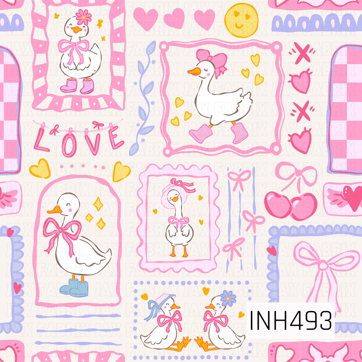 A whimsical love-themed pattern featuring charming white geese dressed in colorful bows, bonnets, and little rain boots. The geese are arranged in playful hand-drawn frames surrounded by pink and golden hearts, cherries, florals, bows, leafy accents, and the word “LOVE.” Soft pink, lavender, blue, and sunny yellow details give the design a sweet, cheerful vintage-inspired feel.