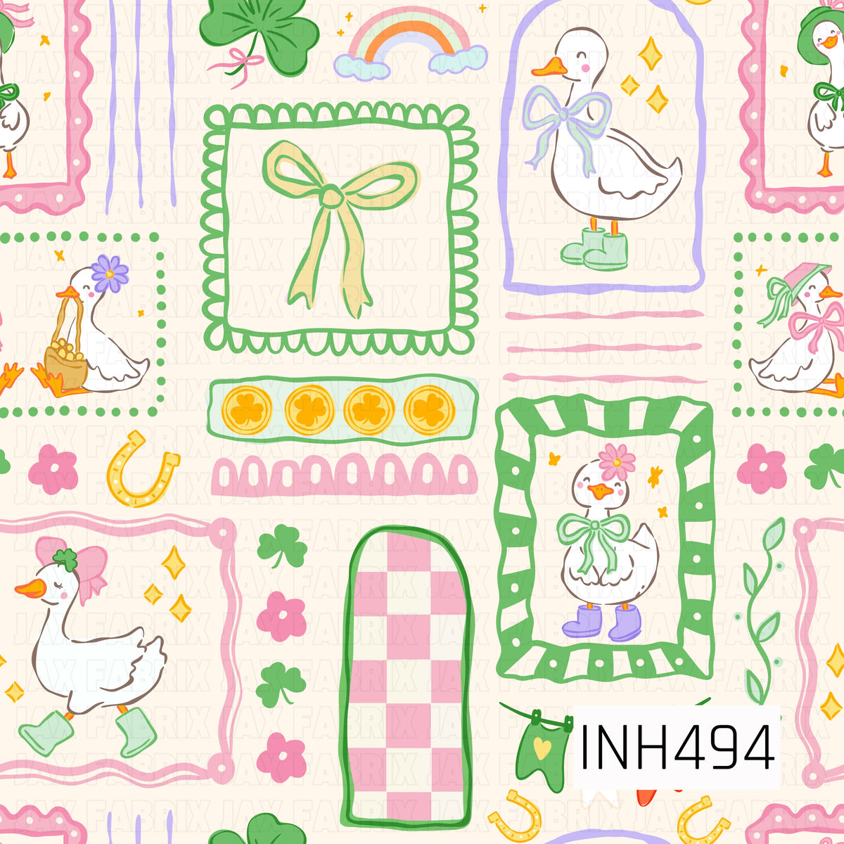 A whimsical St. Patrick’s Day pattern featuring playful white geese dressed in bows, bonnets, and colorful rain boots. The hand-drawn collage is filled with lucky details including shamrocks, four-leaf clovers, horseshoes, rainbows, flowers, sparkles, and decorative bows. Soft pink, bright green, lavender, and golden yellow accents create a cheerful springtime palette with a sweet vintage-inspired feel.