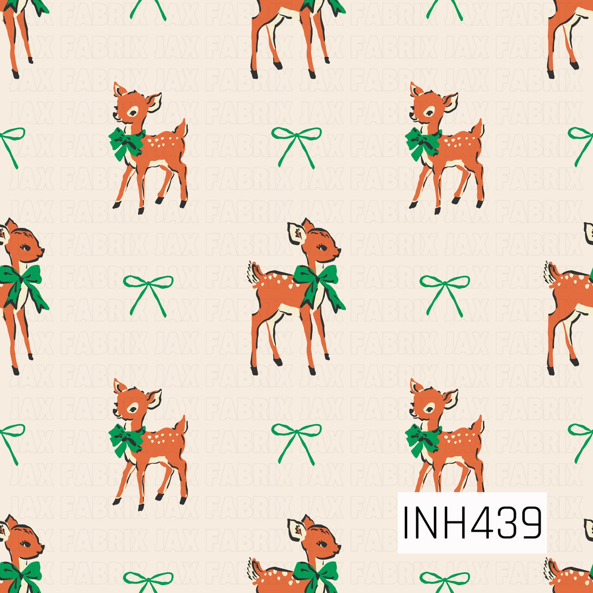 A sweet vintage-inspired Christmas design featuring adorable fawns decorated with oversized green bows, scattered alongside delicate green ribbon bows. The warm rust-orange deer, creamy background, and classic green accents give the pattern a simple, nostalgic holiday feel.
