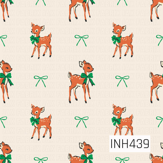 A sweet vintage-inspired Christmas design featuring adorable fawns decorated with oversized green bows, scattered alongside delicate green ribbon bows. The warm rust-orange deer, creamy background, and classic green accents give the pattern a simple, nostalgic holiday feel.
