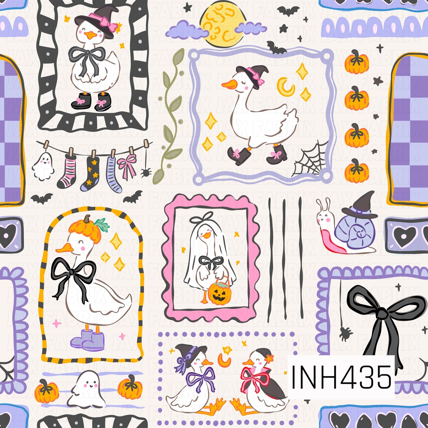 A playful Halloween design featuring whimsical geese dressed in witch hats, bows, capes, and ghost costumes. Pumpkins, bats, stars, crescent moons, spiderwebs, spooky socks, and a witchy snail fill the background, all in a fun palette of purple, pink, orange, black, and soft green.
