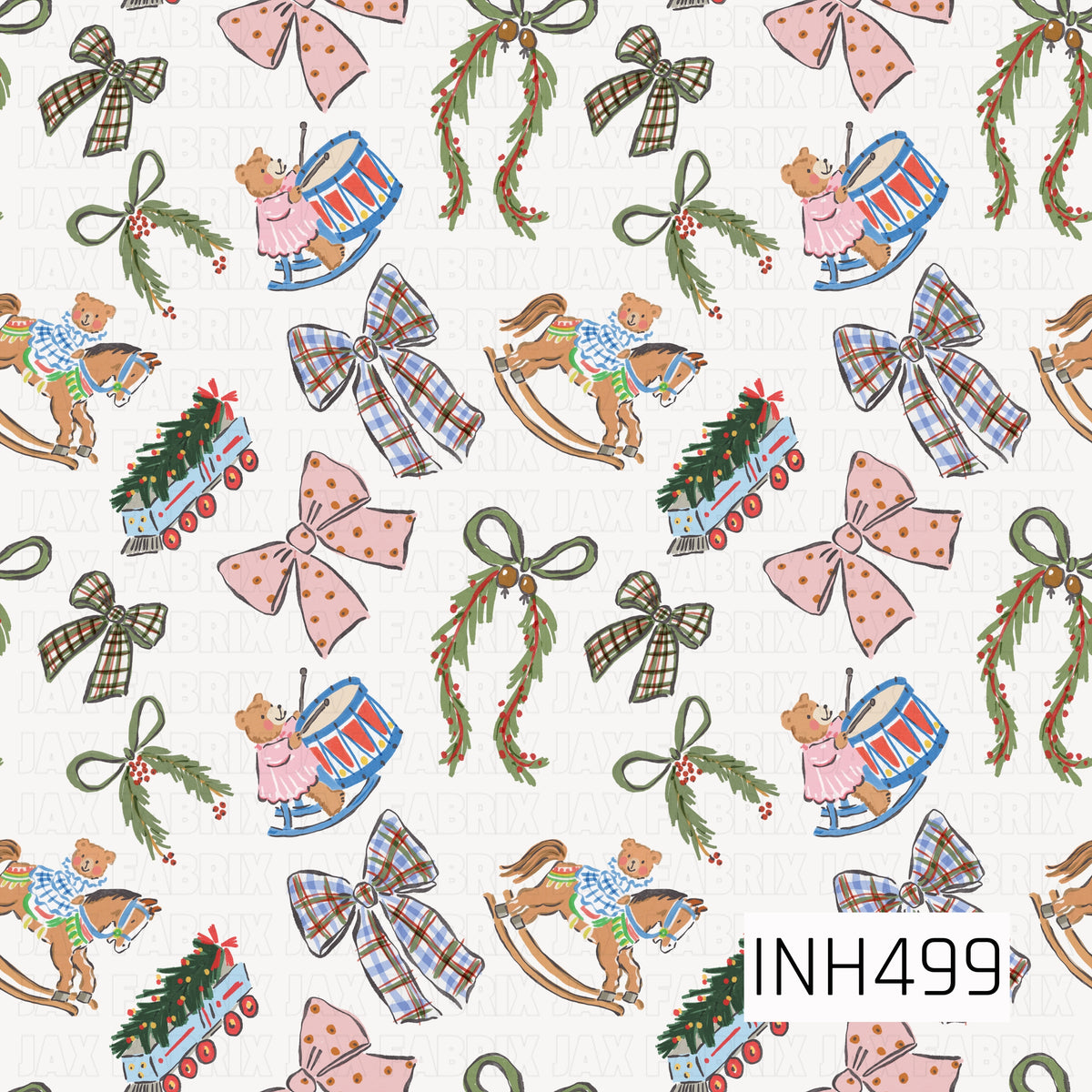 A whimsical vintage-inspired Christmas pattern featuring teddy bears riding rocking horses and playing toy drums, miniature wagons carrying decorated Christmas trees, and an assortment of oversized bows. Plaid, polka dot, and greenery-adorned ribbons add a playful mix of patterns, while sprigs of pine and red berries bring in classic holiday charm. Soft pink, blue, green, red, and warm brown tones give the design a sweet nostalgic feel.