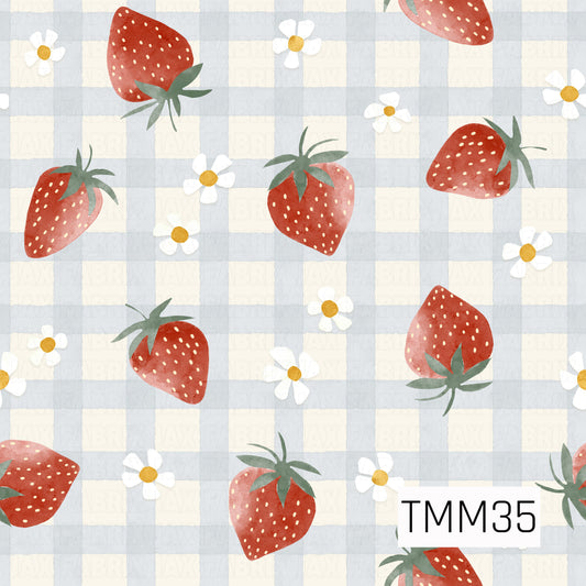 Sweet watercolor strawberries in shades of red and soft coral are scattered across a soft blue and cream gingham background, accented with delicate white daisies with golden yellow centers and muted green leaves for a soft, vintage-inspired look.
