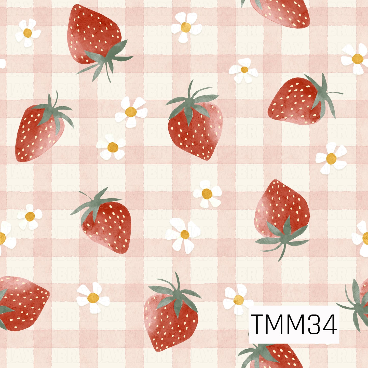 Sweet watercolor strawberries in shades of red and soft coral are scattered across a soft pink and cream gingham background, accented with delicate white daisies with golden yellow centers and muted green leaves for a soft, vintage-inspired look.
