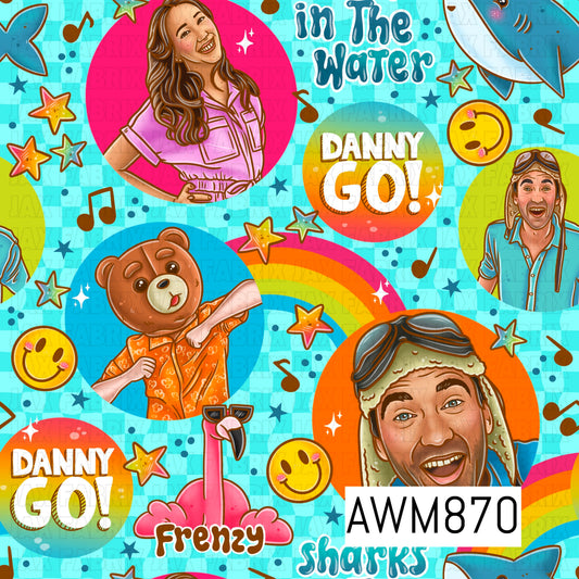 A colorful retro-inspired character collage featuring cheerful portraits, playful ocean-themed elements, and nostalgic pop-culture icons. The design includes a smiling aviator, rainbow accents, music notes, smiley faces, a flamingo, a teddy bear, and fun typography on a bright aqua checker background. Bold colors, whimsical details, and vintage vibes create a lively, feel-good summer aesthetic.