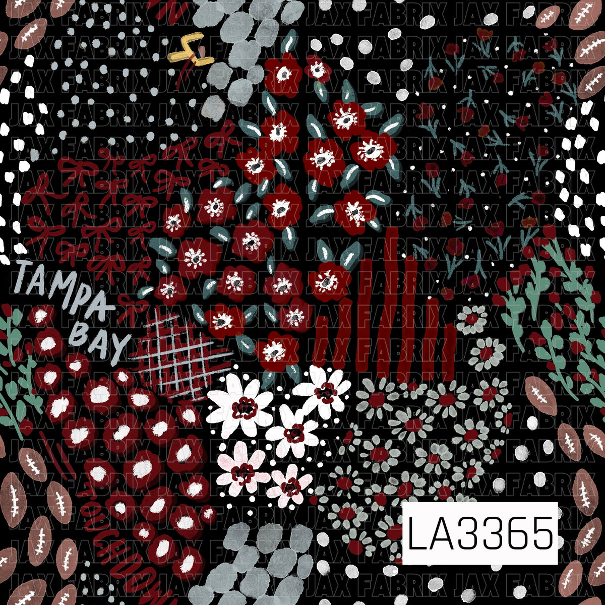 A bold, hand-drawn Tampa Bay-inspired design filled with deep red, crisp white, soft gray, and muted blue-green florals against a black background. Playful bows, scattered footballs, leafy sprigs, abstract dots, brushstrokes, and sketchy grid details are mixed throughout, along with “Tampa Bay” lettering for a fun game-day look with a feminine floral twist.

