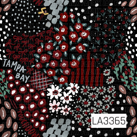 A bold, hand-drawn Tampa Bay-inspired design filled with deep red, crisp white, soft gray, and muted blue-green florals against a black background. Playful bows, scattered footballs, leafy sprigs, abstract dots, brushstrokes, and sketchy grid details are mixed throughout, along with “Tampa Bay” lettering for a fun game-day look with a feminine floral twist.
