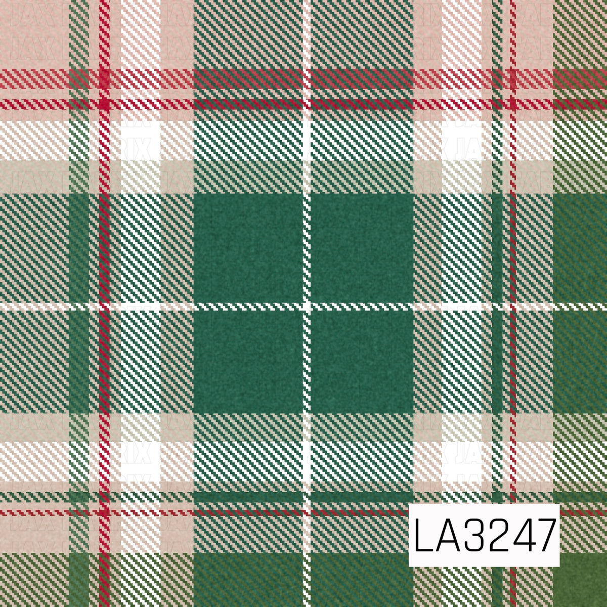 A cozy holiday plaid featuring rich evergreen tones paired with warm tan, cream, and white, accented by thin red stripes. The layered tartan pattern has a soft textured finish for a classic, rustic Christmas look.
