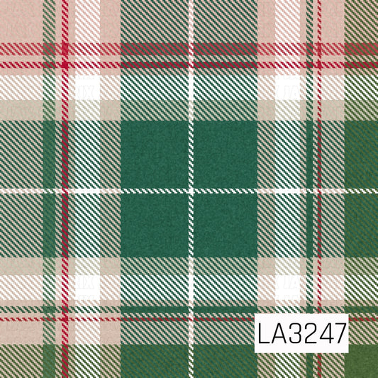 A cozy holiday plaid featuring rich evergreen tones paired with warm tan, cream, and white, accented by thin red stripes. The layered tartan pattern has a soft textured finish for a classic, rustic Christmas look.
